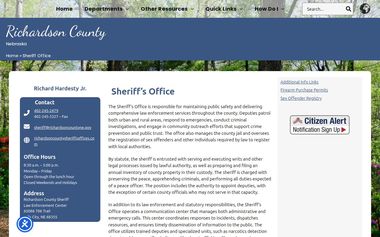 Richardson County Sheriff page for Verdon booking-record requests