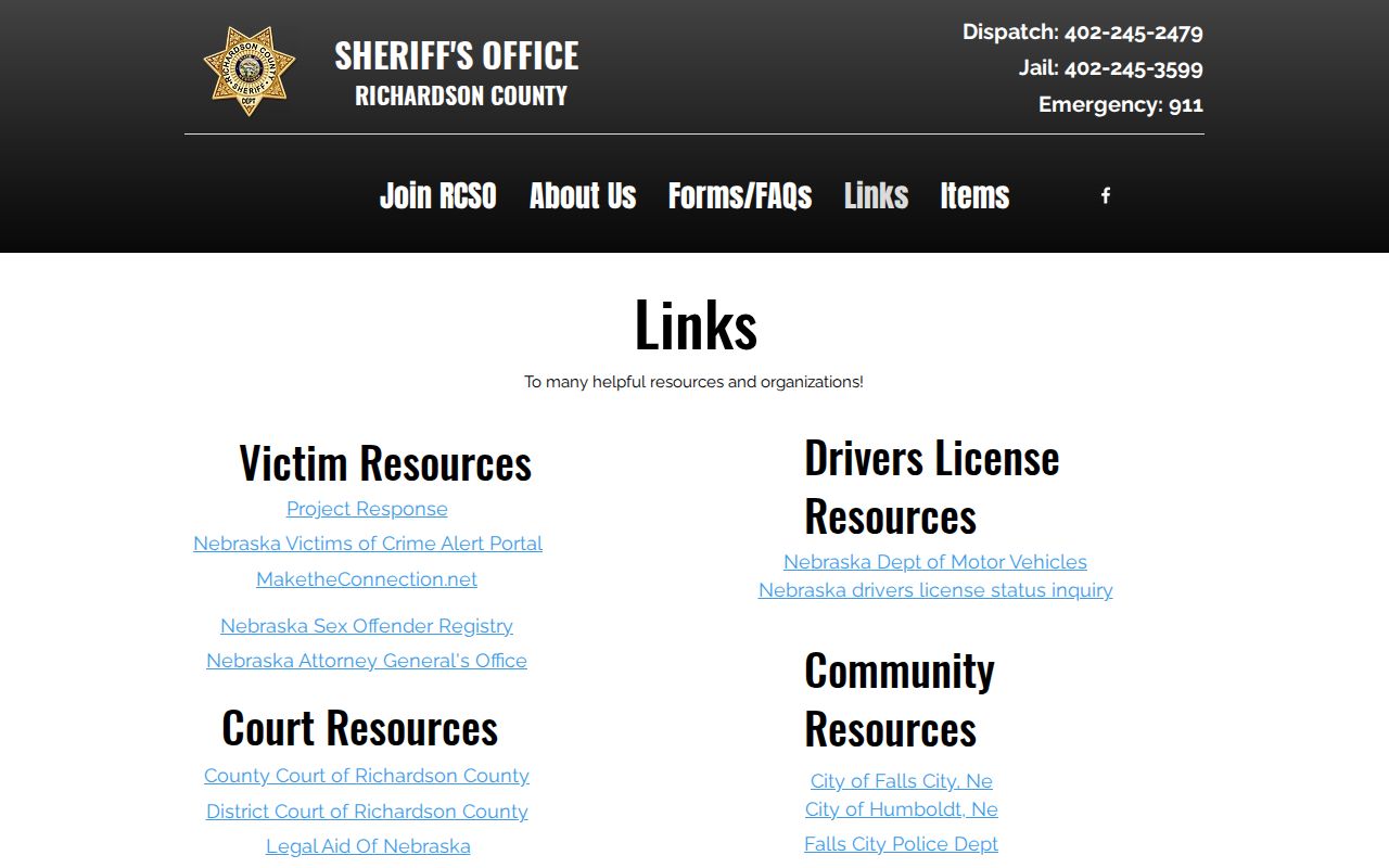 Richardson County Sheriff links page for warrant and custody record resources